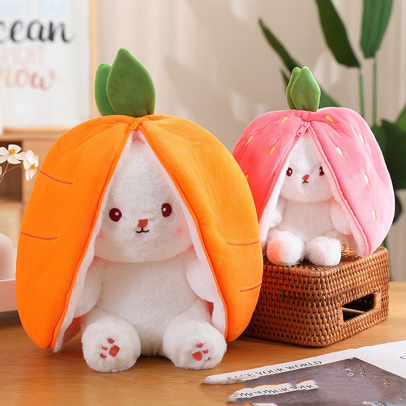 Cute Rabbit Plush Toy transforms into Carrot or Strawberry, gives comfort to your little ones for a good night's sleep