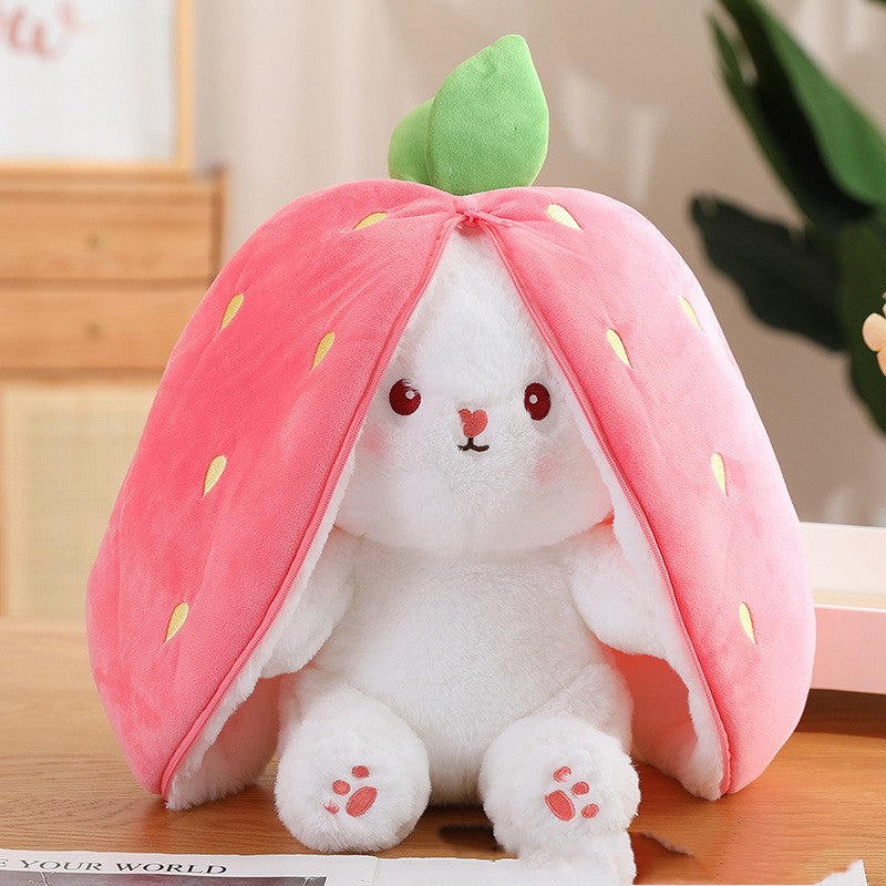 Cute Rabbit Plush Toy transforms into Carrot or Strawberry, gives comfort to your little ones for a good night's sleep